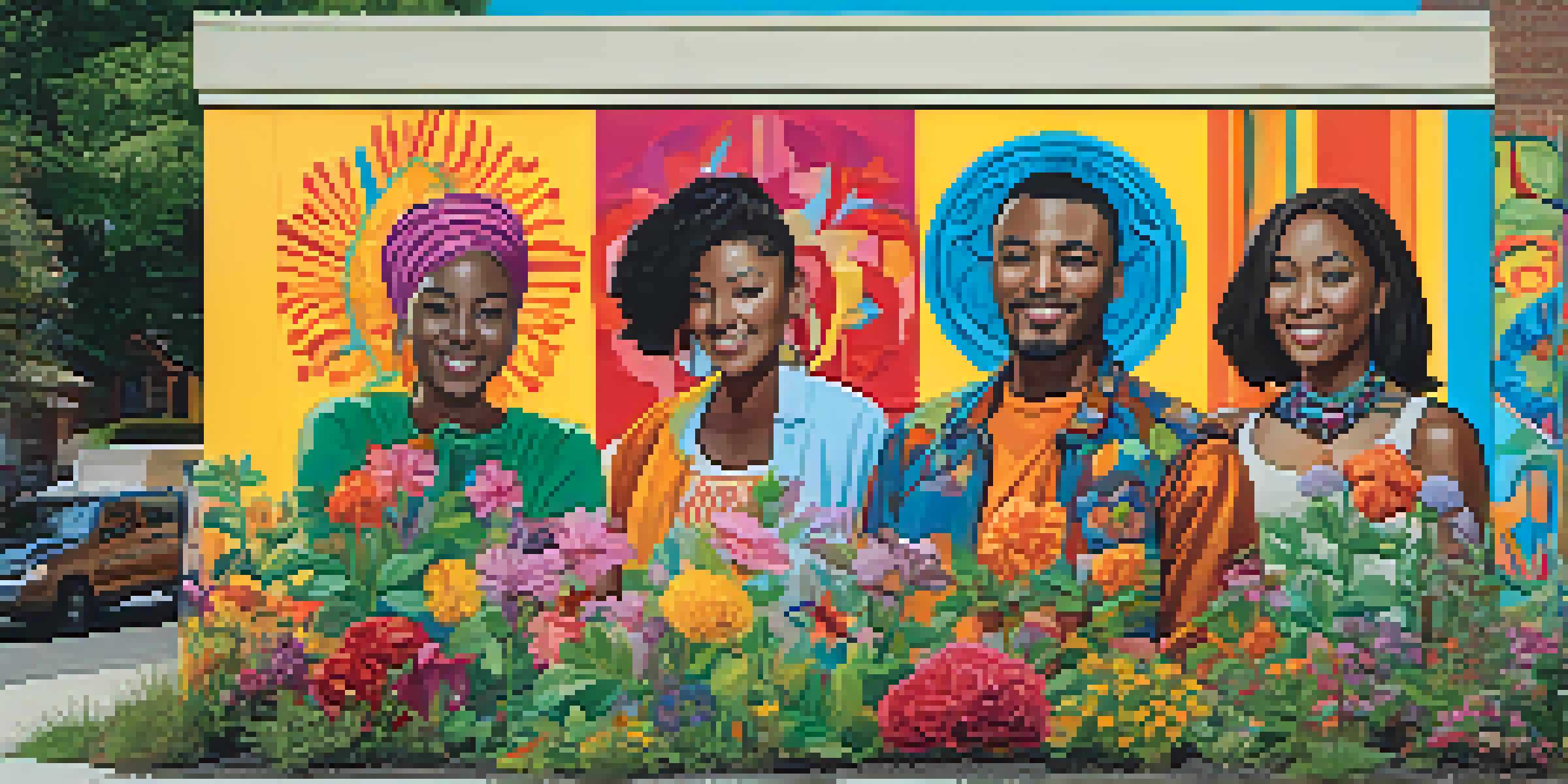A colorful mural illustrating diverse people participating in artistic activities, surrounded by a sunny urban environment filled with greenery.