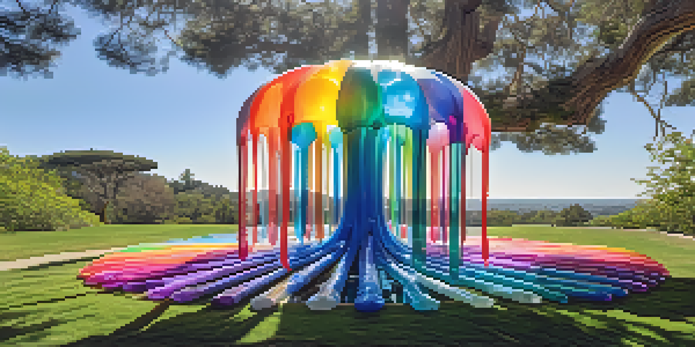 An outdoor sculpture made from recycled plastic bottles resembling a jellyfish, illuminated by sunlight, surrounded by trees and a blue sky.