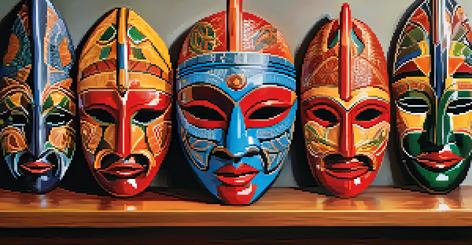 A collection of colorful carved cultural masks displayed on a wooden table, showcasing intricate designs.