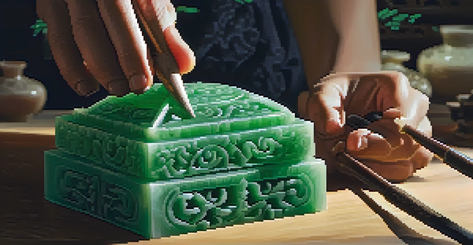 A close-up view of an artisan carving jade with intricate designs, highlighting the green color of the stone and the tools used.