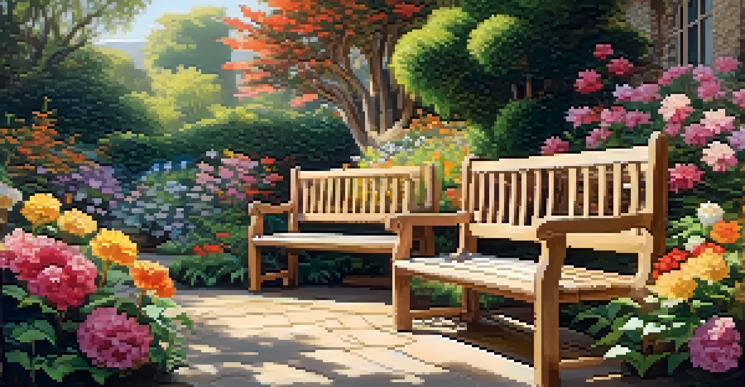 A serene garden with beautifully carved wooden benches amidst vibrant flowers and dappled sunlight.