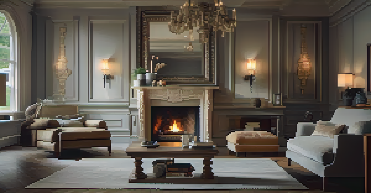 An ornate carved mirror above a rustic fireplace reflecting warm lighting in a cozy living room with plush sofas.