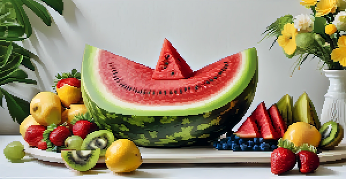 A vibrant fruit carving display with a watermelon carved into flowers, surrounded by strawberries, pineapples, and kiwi on a white platter.