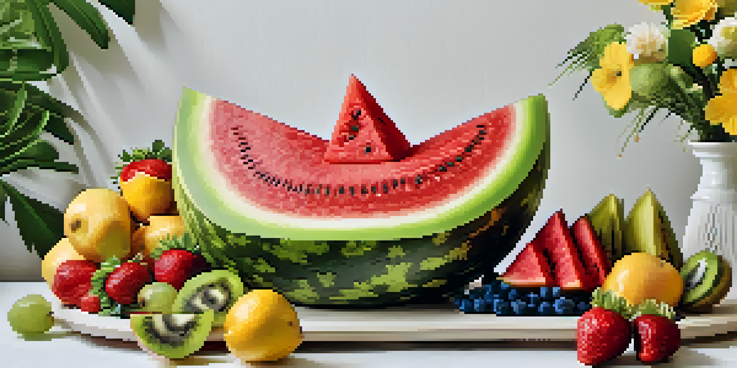 A vibrant fruit carving display with a watermelon carved into flowers, surrounded by strawberries, pineapples, and kiwi on a white platter.