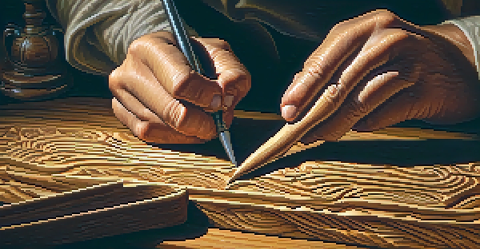 An artisan's hands carving patterns into antique wood with a chisel, showing detailed wood grain and tools.