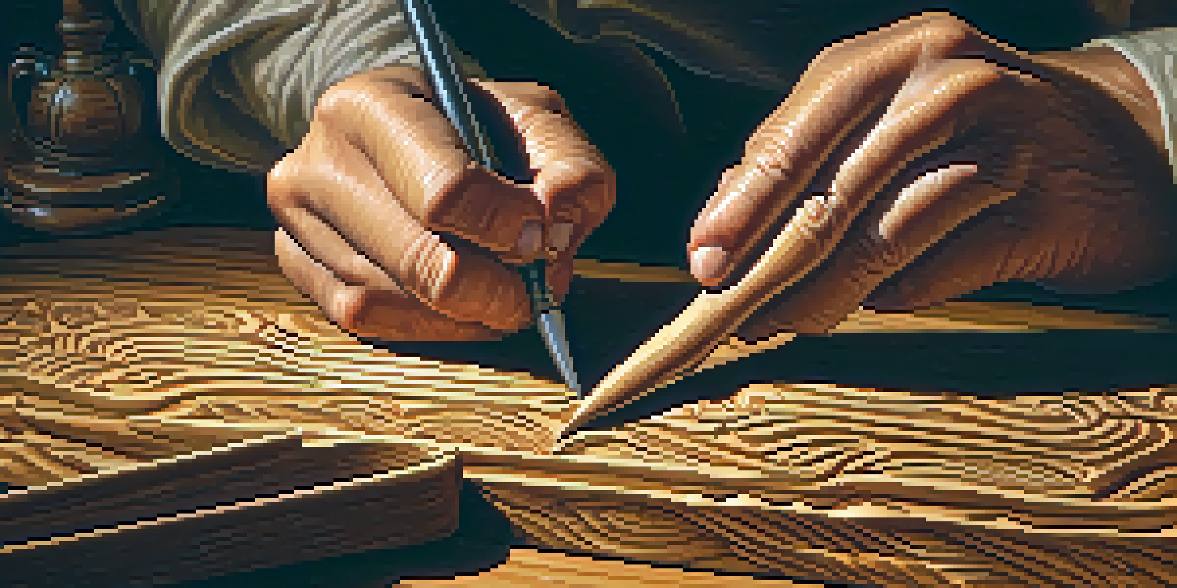 An artisan's hands carving patterns into antique wood with a chisel, showing detailed wood grain and tools.