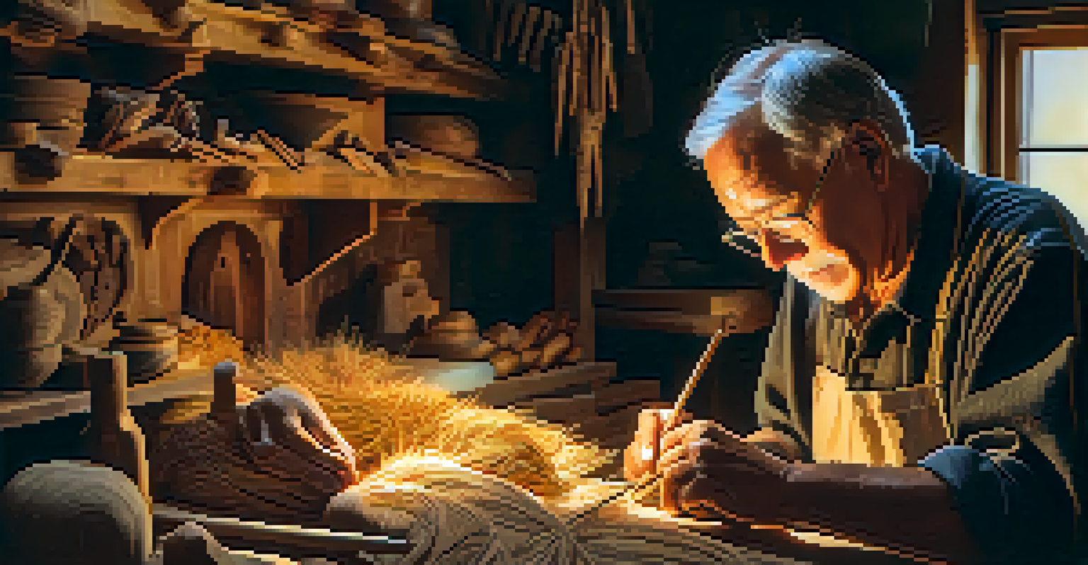 An elderly artisan carving a wooden mask in a cozy workshop, surrounded by tools and wood shavings, with warm light highlighting their focused expression.