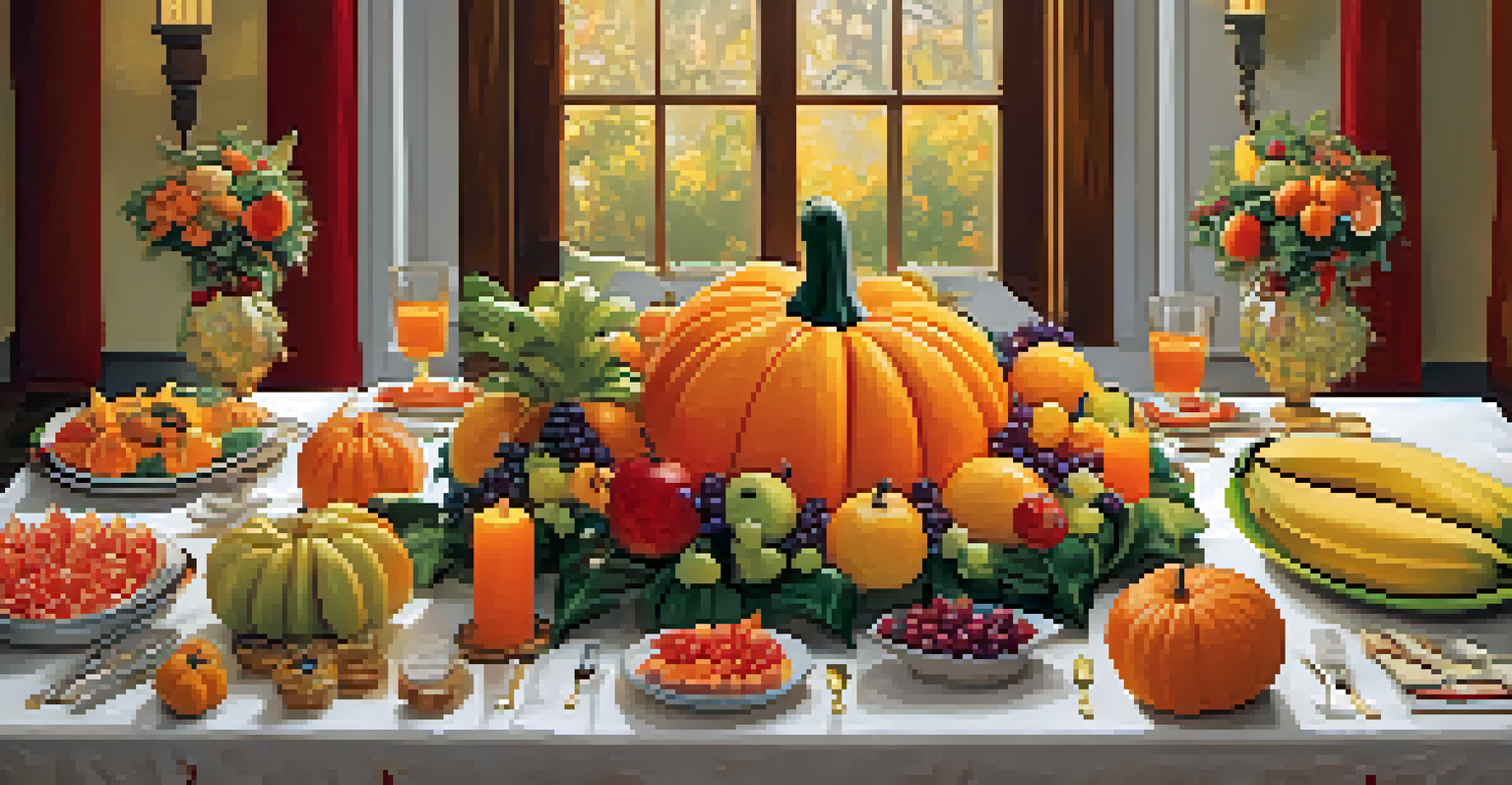 A beautifully arranged holiday table with carved fruit decorations including snowmen and jack-o'-lanterns.