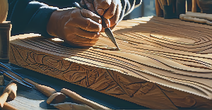 A close-up of hands carving cedar wood with intricate patterns in a rustic workshop with sunlight streaming in.