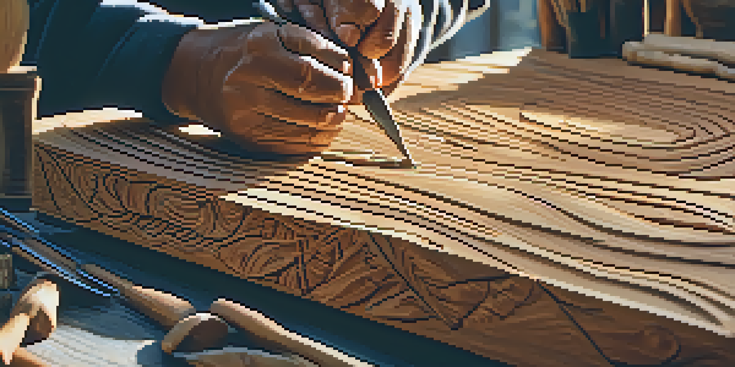 A close-up of hands carving cedar wood with intricate patterns in a rustic workshop with sunlight streaming in.