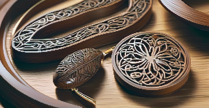 A detailed view of beautifully carved wooden jewelry with visible grain patterns under soft lighting.