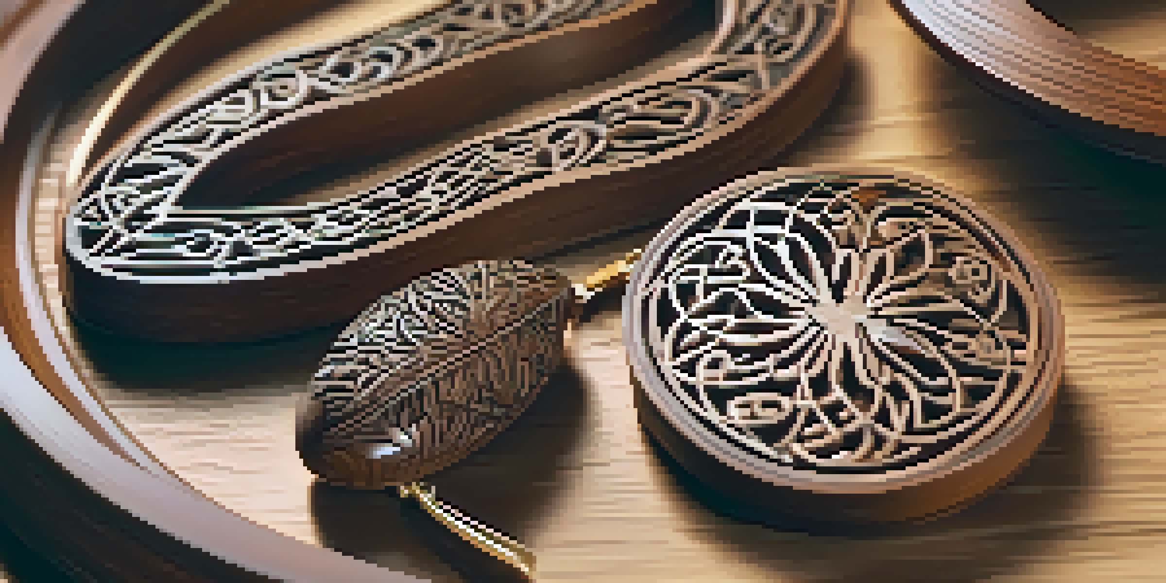 A detailed view of beautifully carved wooden jewelry with visible grain patterns under soft lighting.