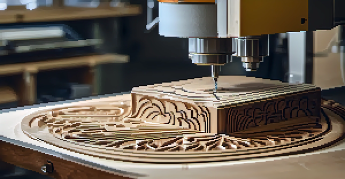 A digital carving machine is carving intricate patterns into wood, surrounded by tools and safety gear in a well-lit workspace.
