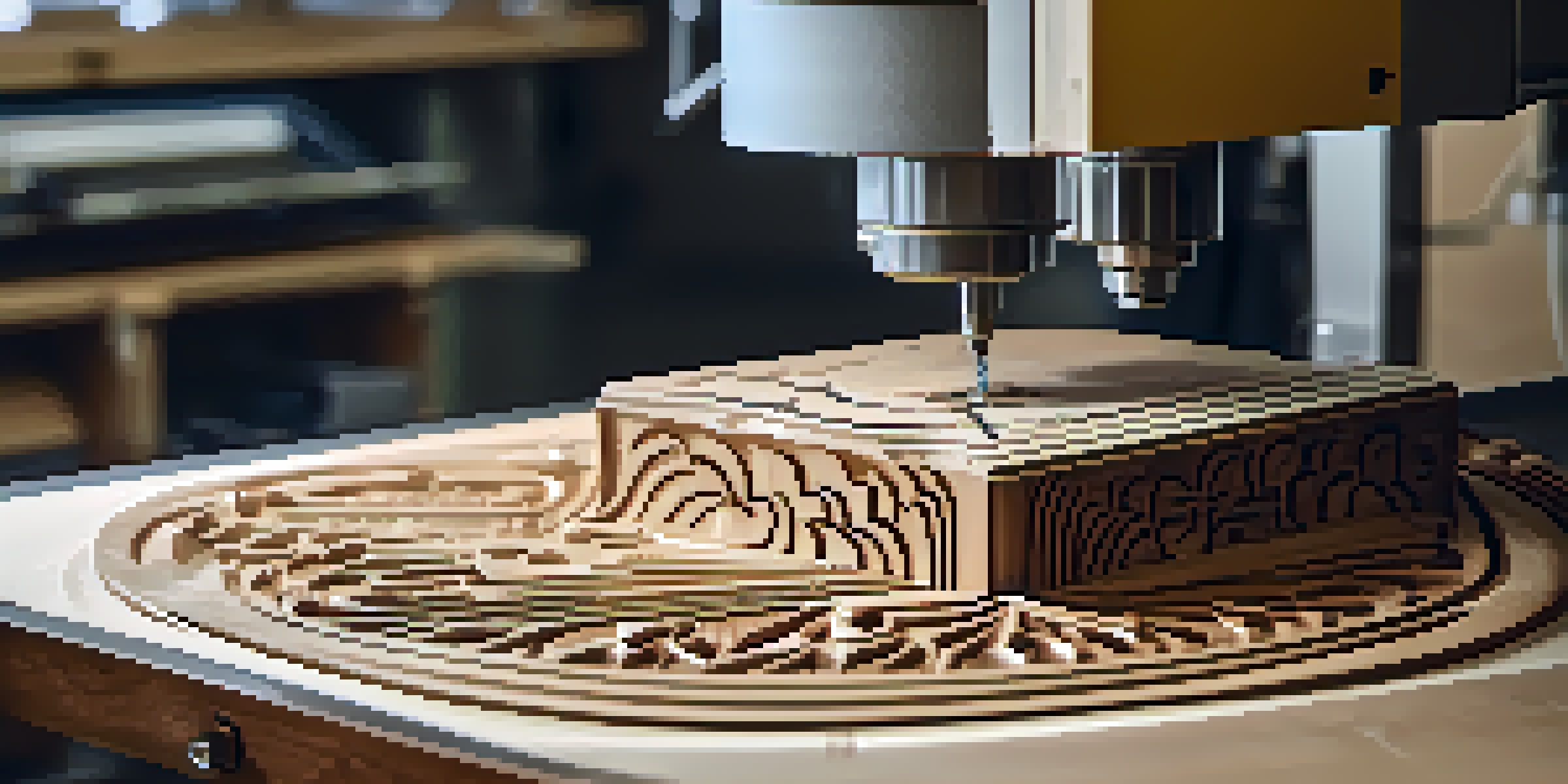 A digital carving machine is carving intricate patterns into wood, surrounded by tools and safety gear in a well-lit workspace.