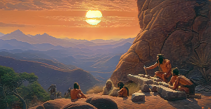 Early humans carving a stone tool in a prehistoric landscape at sunset, with intricate details of stone and wood textures.