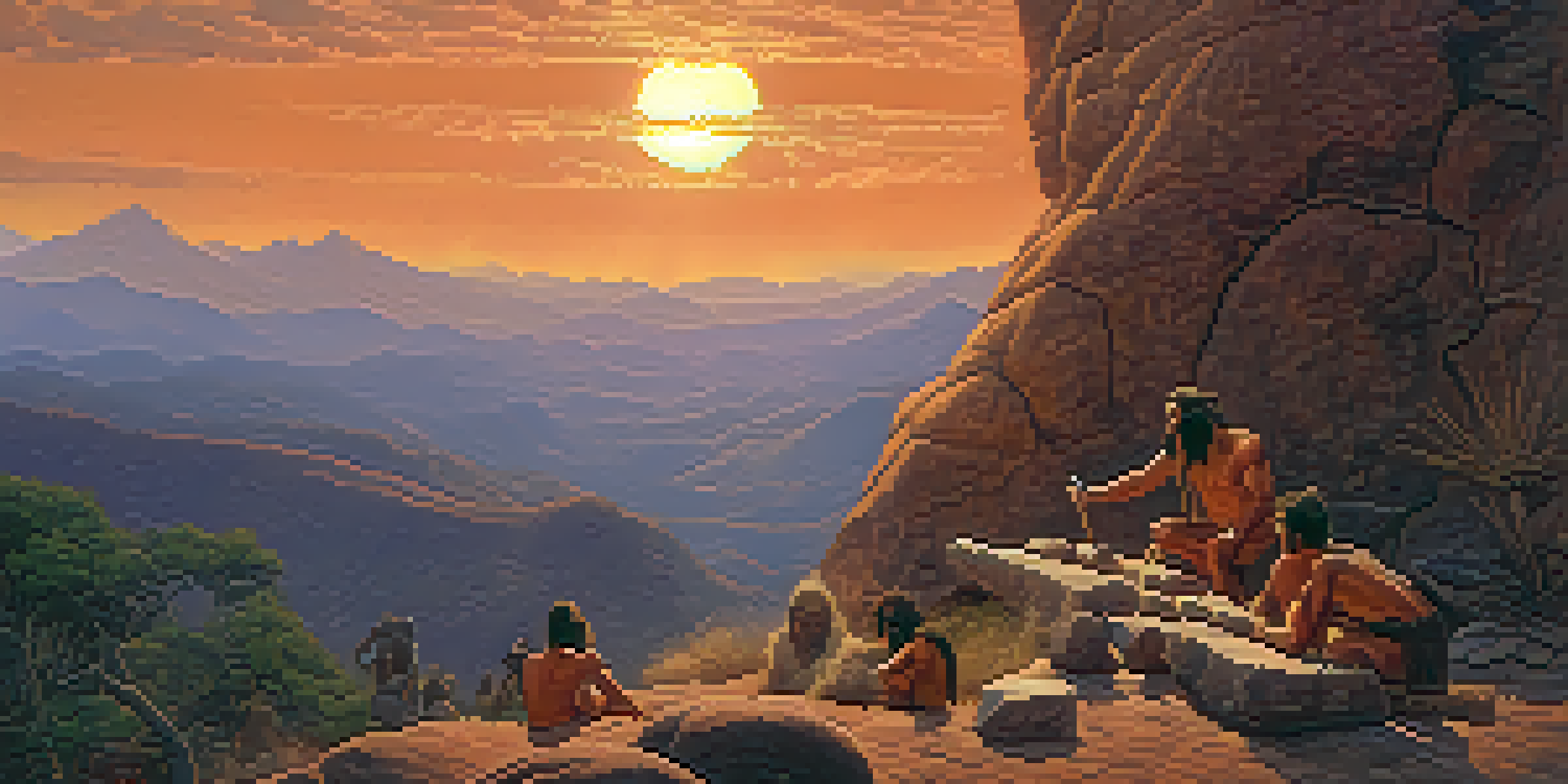 Early humans carving a stone tool in a prehistoric landscape at sunset, with intricate details of stone and wood textures.