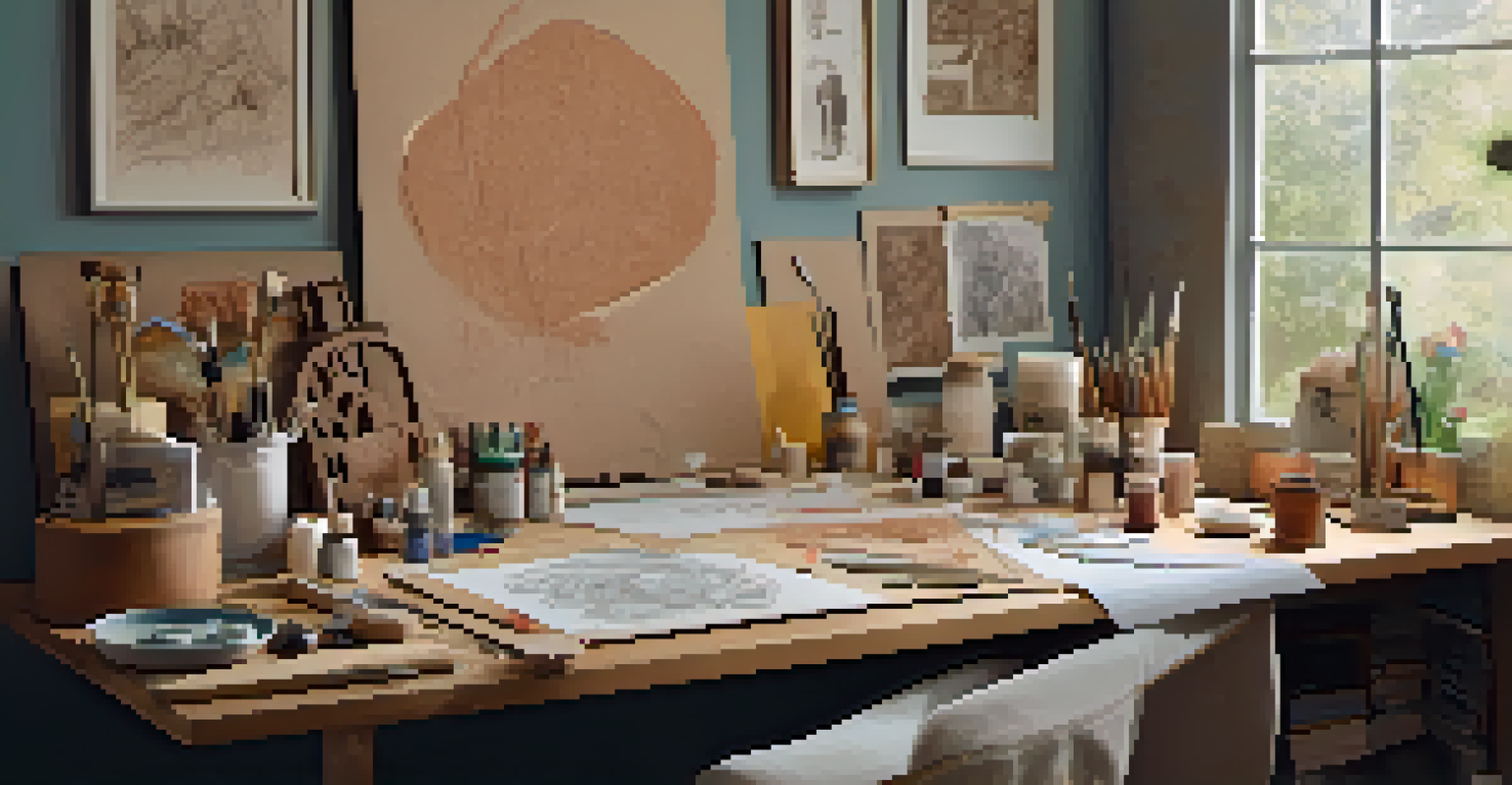 An artist's workspace with dynamic sketches on a corkboard and a partially finished clay sculpture, under soft overhead lighting.