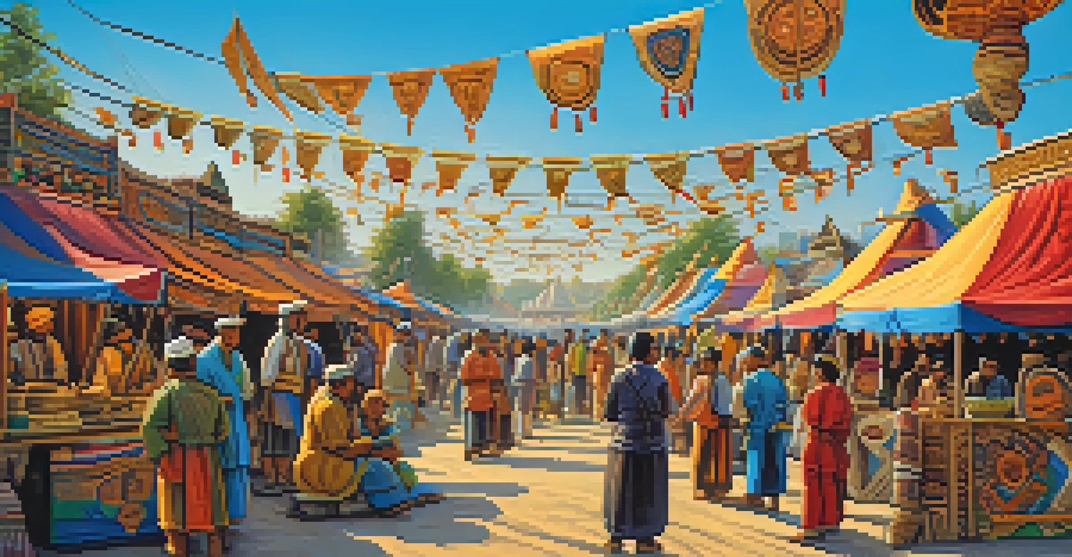 A lively carving festival with artisans and colorful tents, showcasing diverse carved artworks.