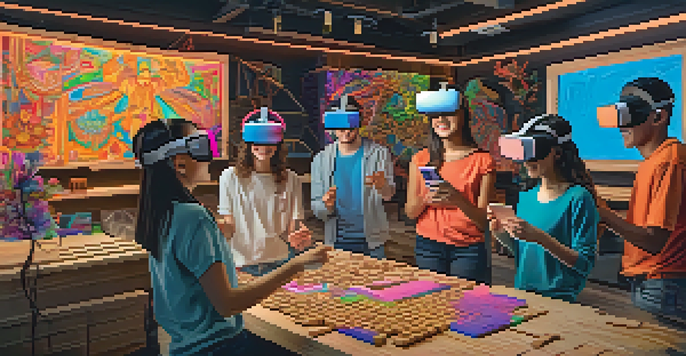 A diverse group of students in a virtual reality workshop, wearing headsets and engaging in digital carving activities.