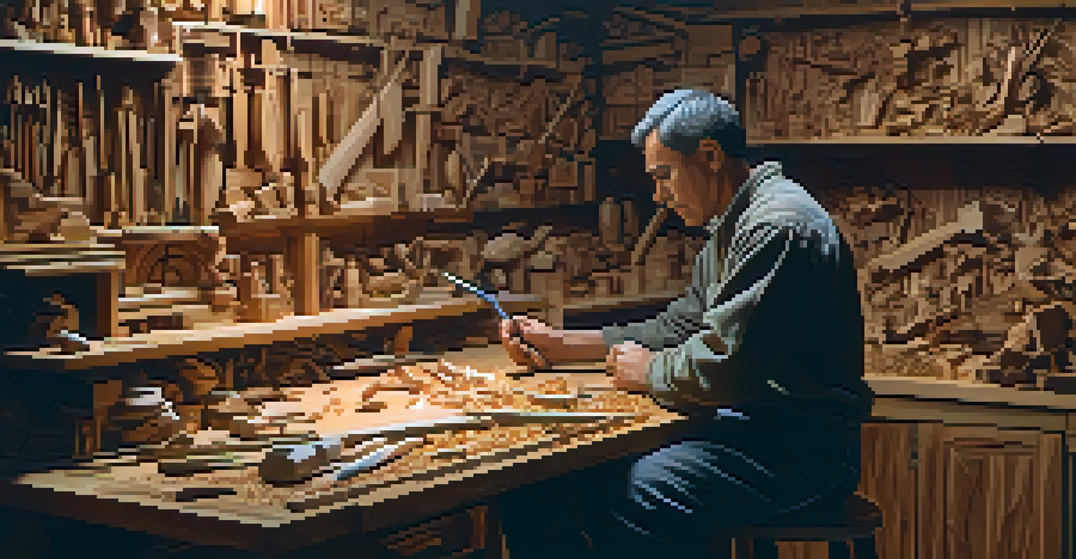 An artist carefully carving a wooden figure at a workbench, surrounded by carving tools and wood shavings in a warm and inviting atmosphere.