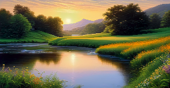 A calm river winding through a green valley, surrounded by colorful wildflowers and a sunset sky.