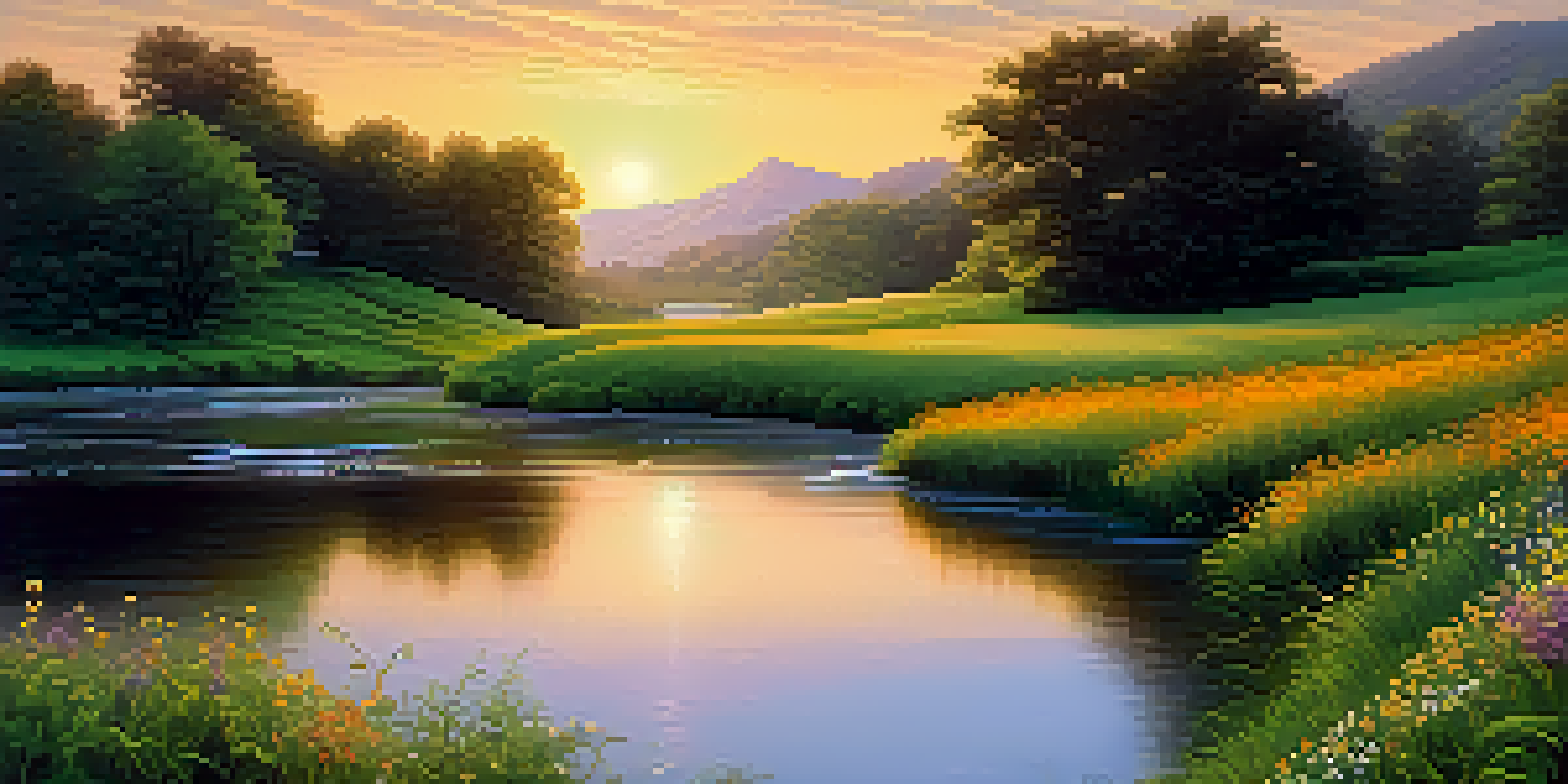 A calm river winding through a green valley, surrounded by colorful wildflowers and a sunset sky.