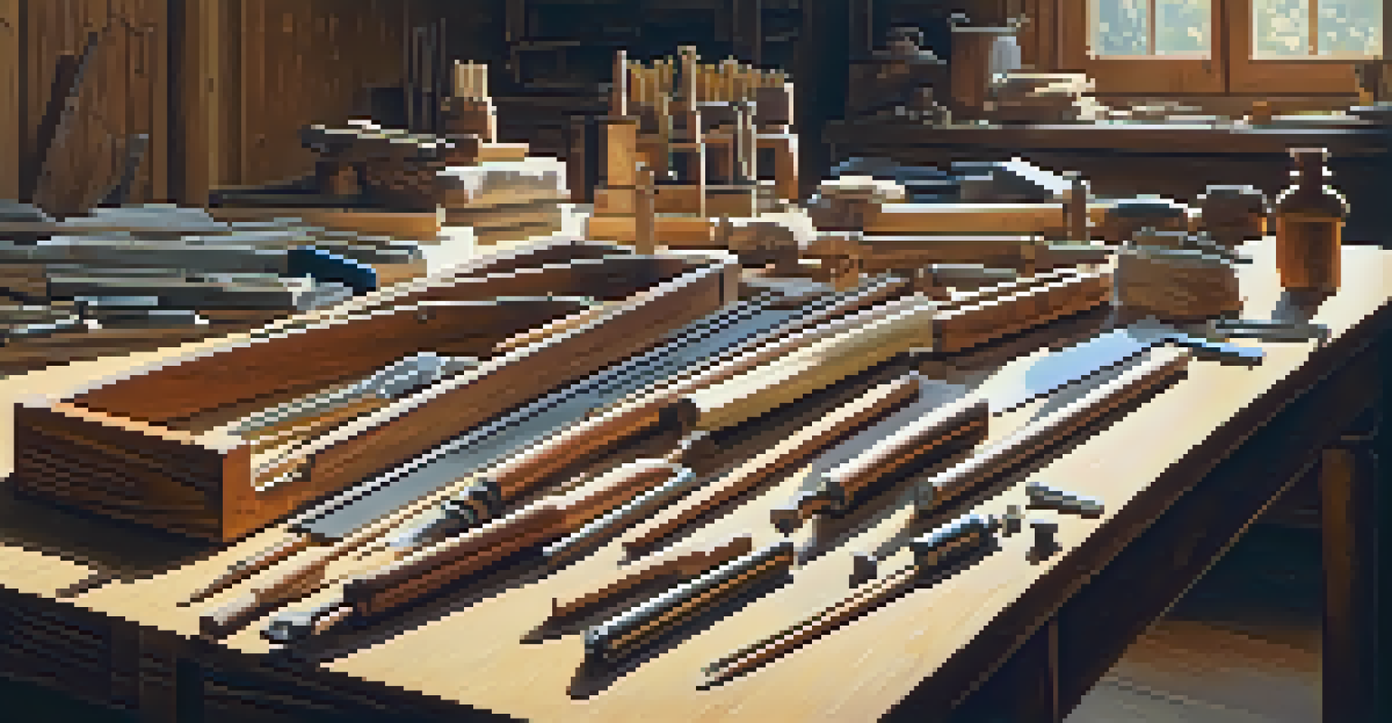 A workspace with woodworking tools like chisels and wood glue, and partially restored furniture in the background.
