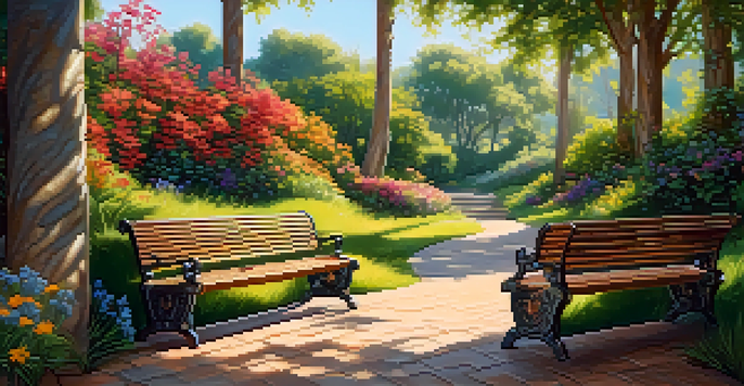 A peaceful park with beautifully carved wooden benches and vibrant flowers, illuminated by gentle sunlight.