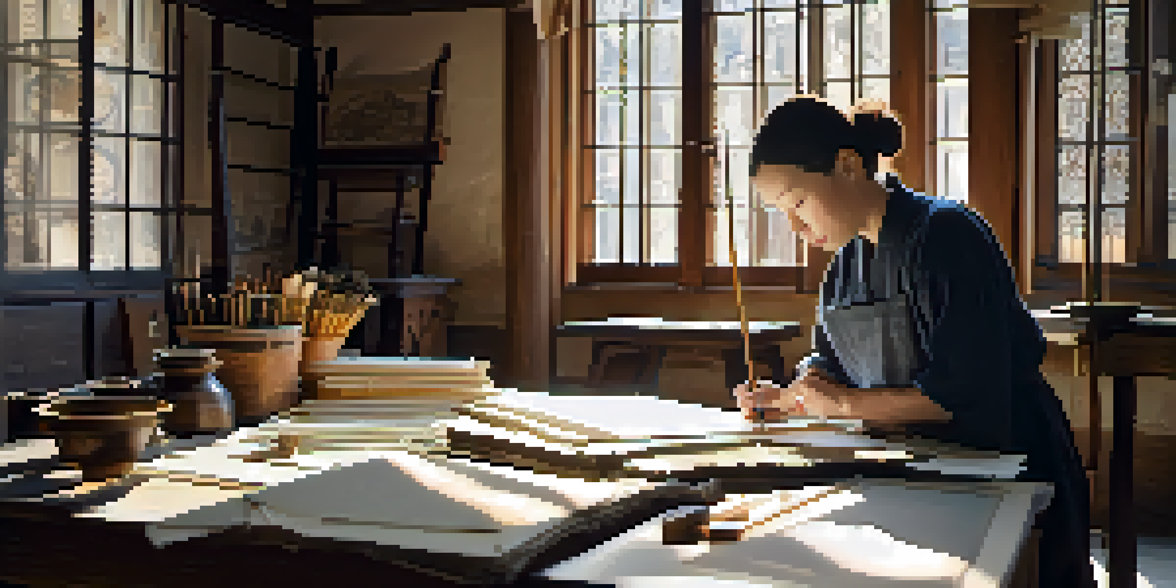 A conservator restoring a medieval manuscript with tools like brushes and Japanese paper in a well-lit workshop.