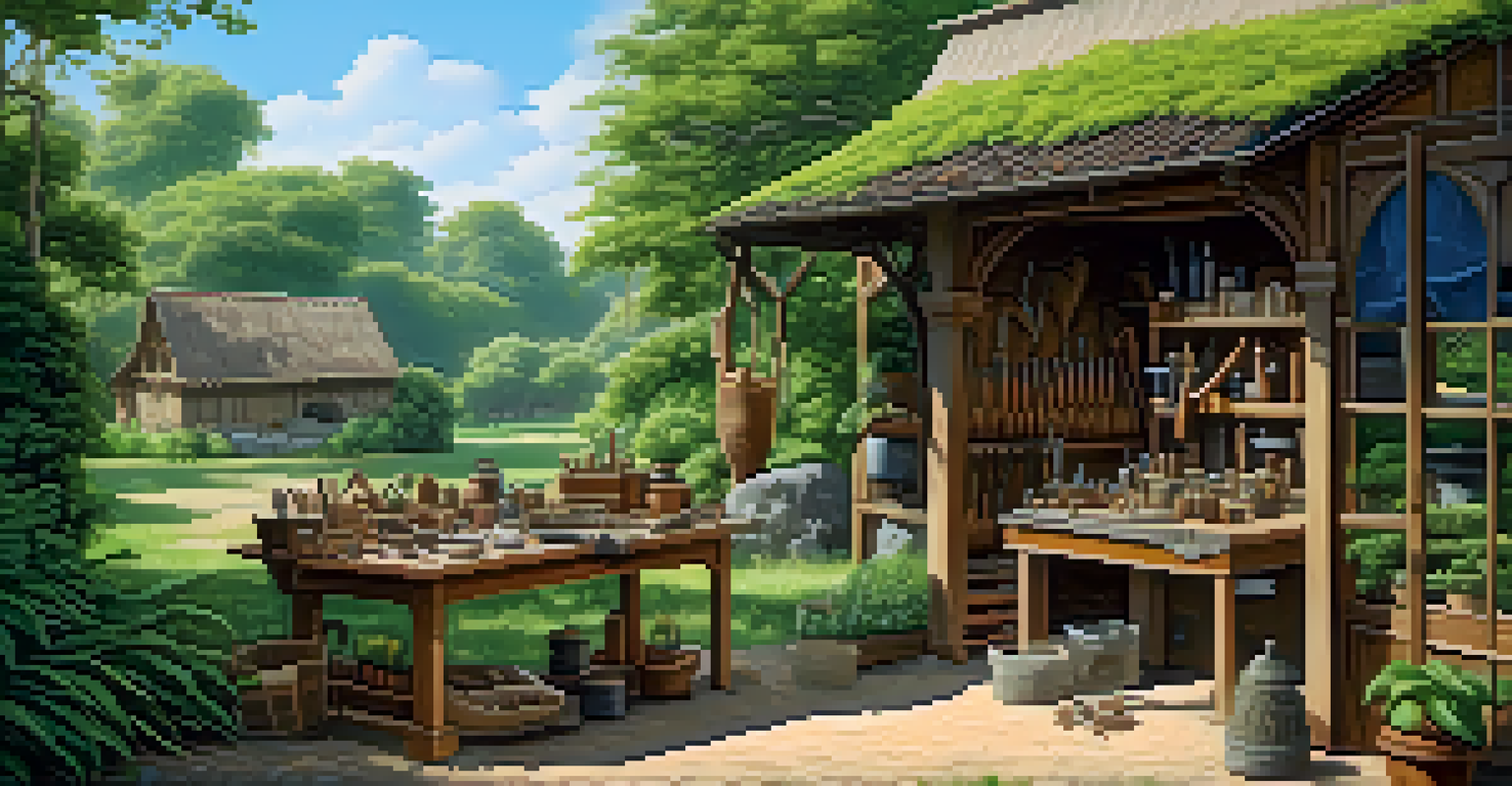An artisan workshop surrounded by greenery, displaying tools and carved pieces in a serene landscape.