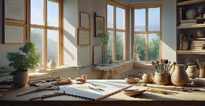 A tranquil carving workspace with tools and natural light, designed for mindfulness.