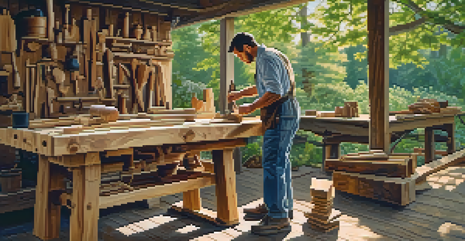A woodworker outdoors with different types of wood on a rustic workbench, surrounded by nature.