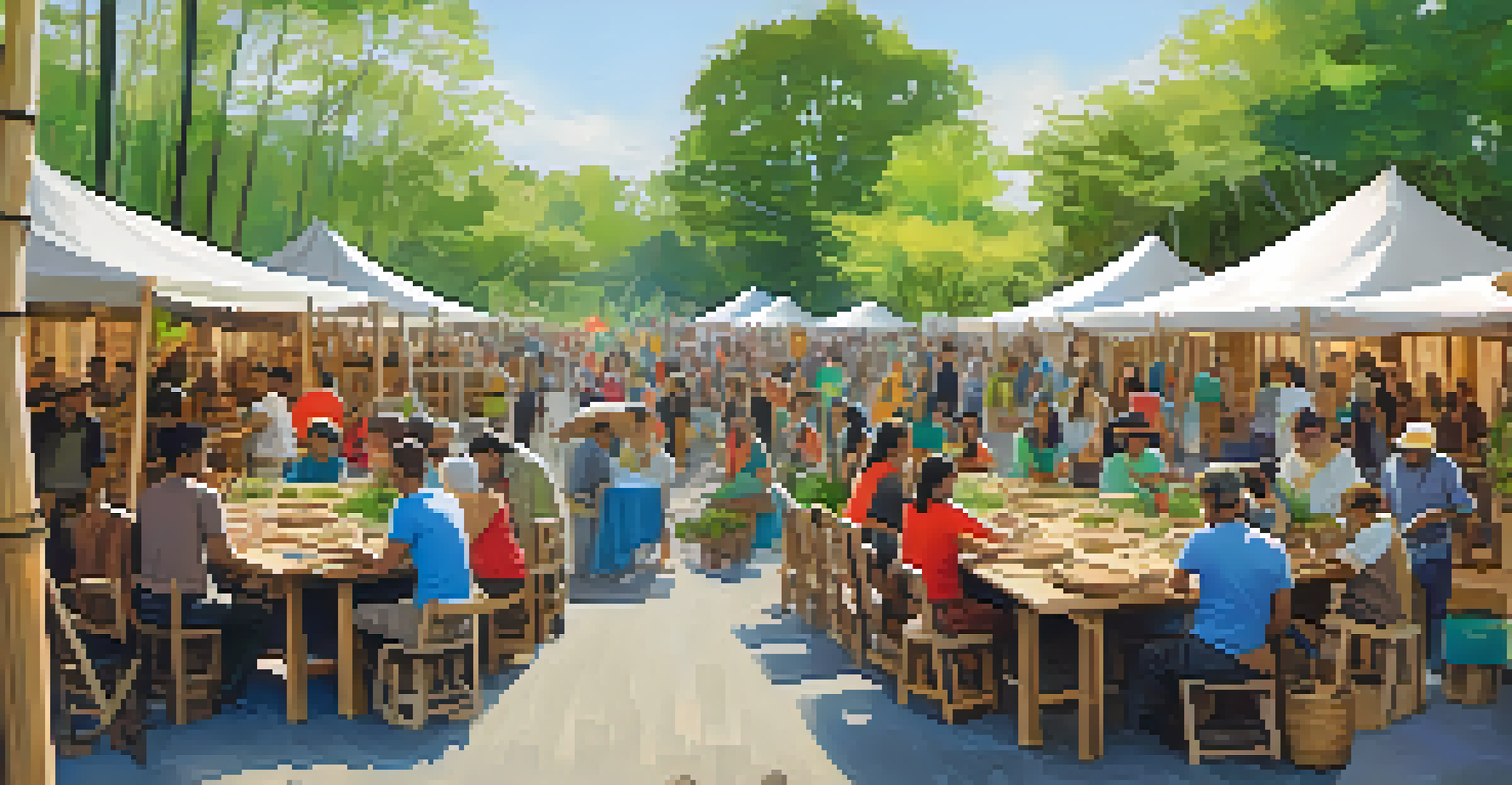 A lively community event promoting sustainable carving, with artists sharing techniques and eco-friendly materials displayed on tables.