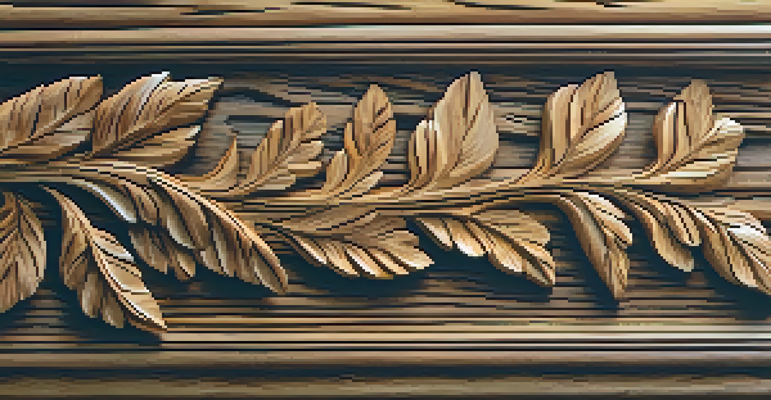 A close-up of a carved wooden piece with intricate leaf and flower designs, highlighting the texture and natural grains of the wood.