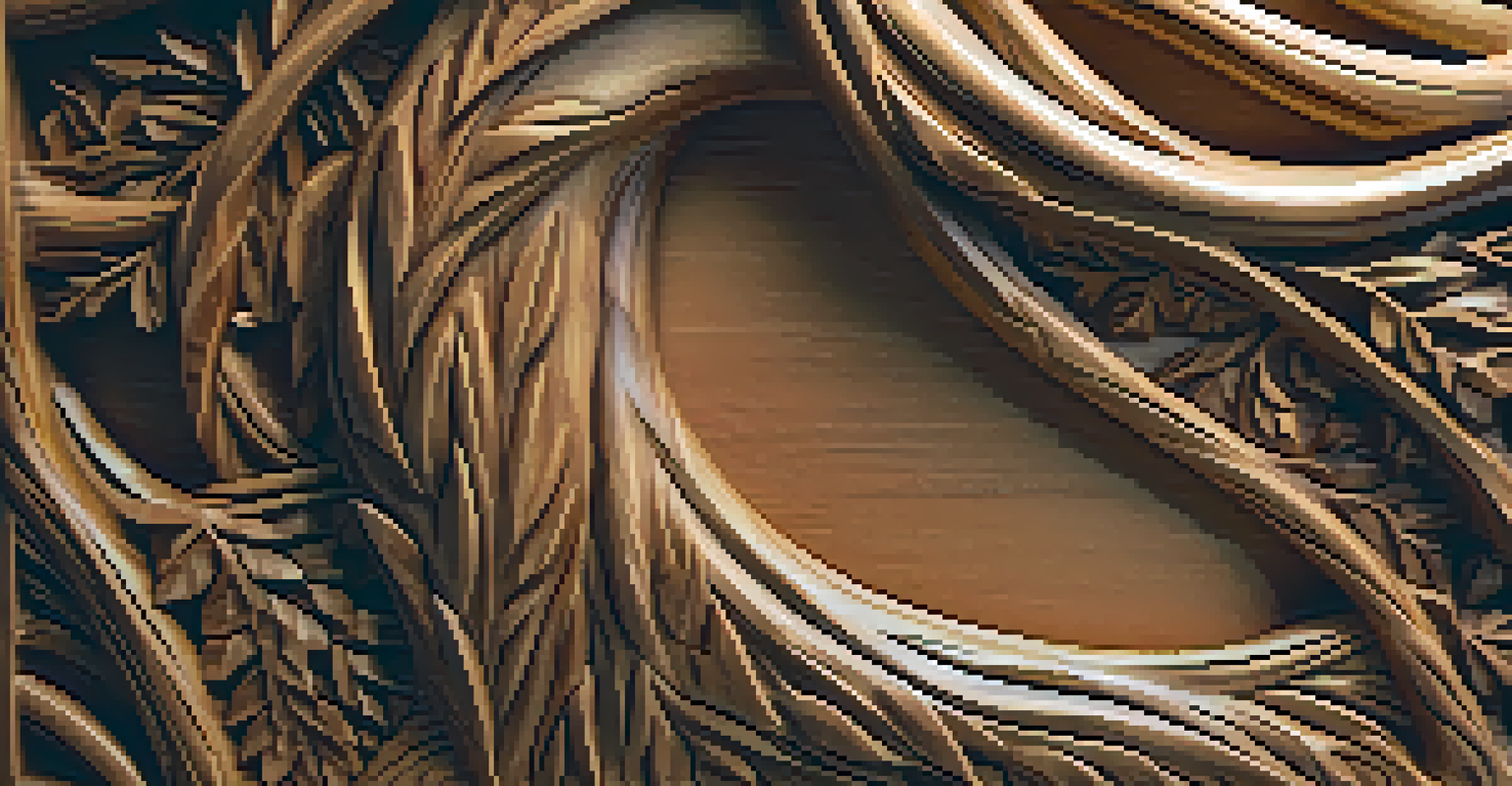 A detailed close-up of a carved wooden sculpture of a tree, highlighting intricate details and textures in warm lighting.