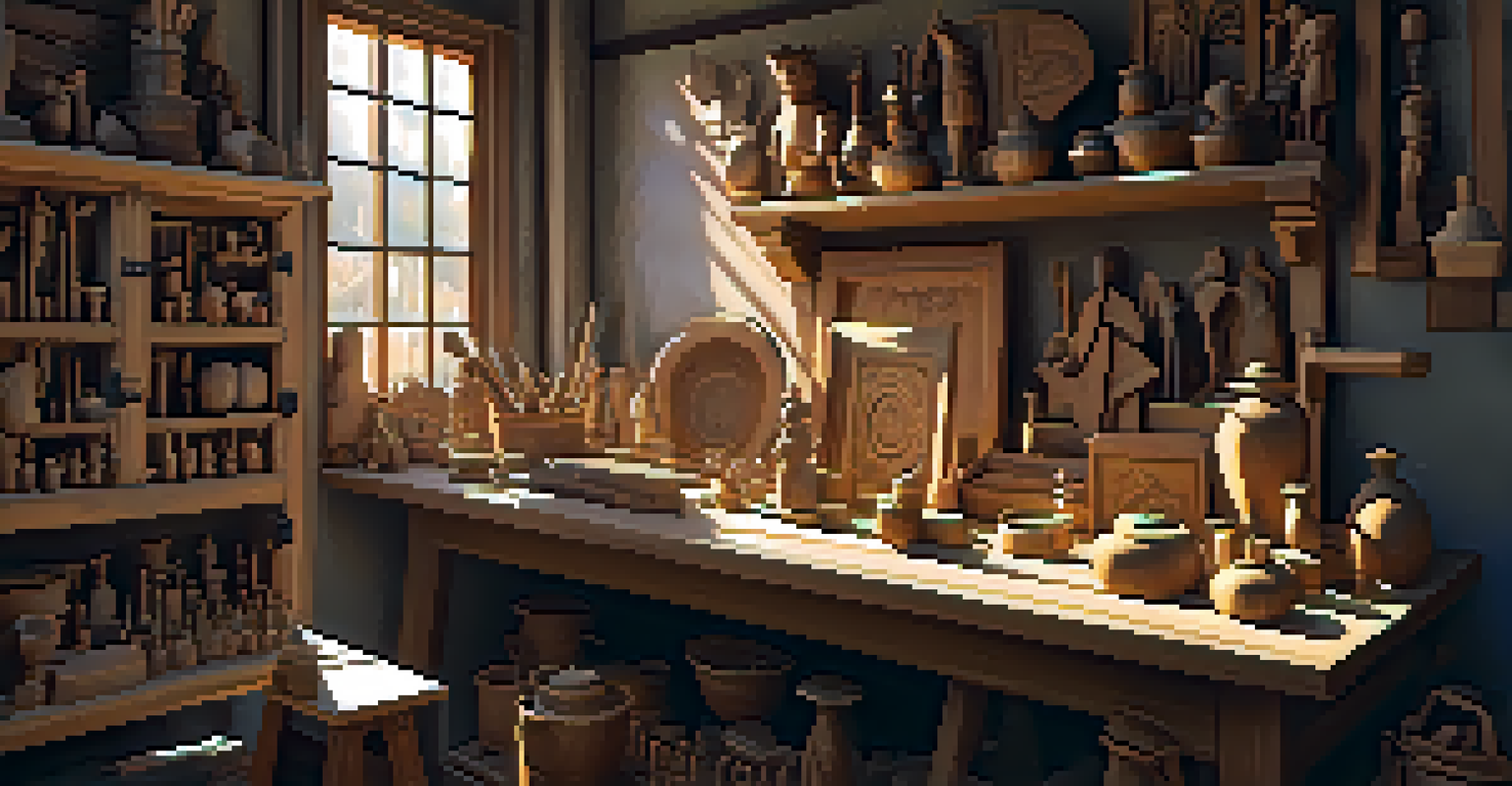 An artisan's workshop filled with carved decor pieces and natural sunlight, highlighting craftsmanship.