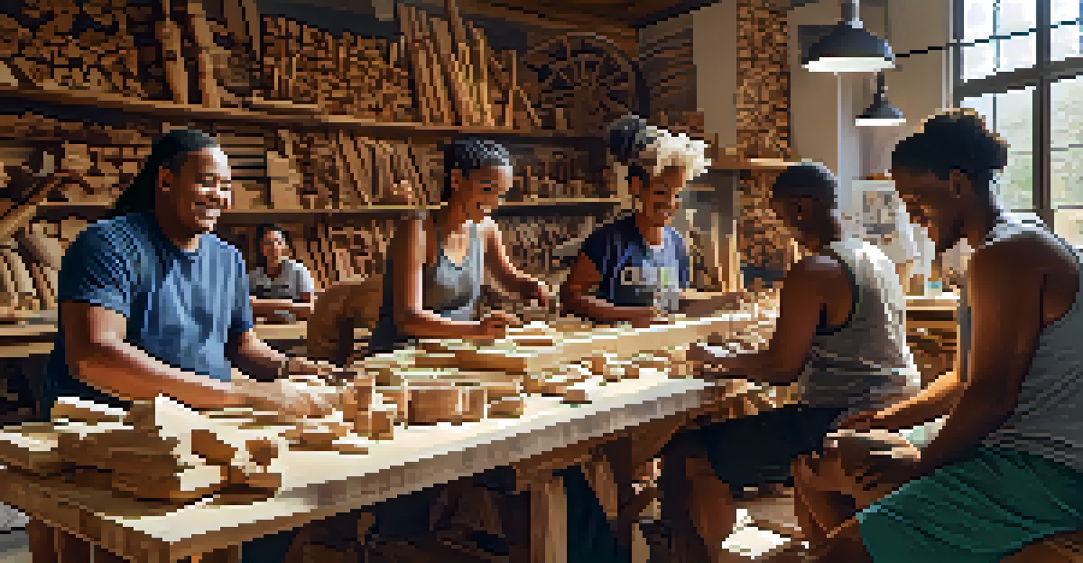A diverse group of people participating in a carving workshop, sharing ideas and working together with tools and wood pieces on the table.