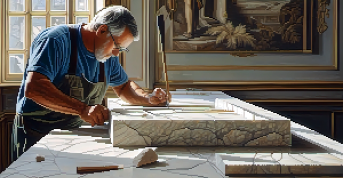 A stone carver chiseling intricate designs into marble, showcasing tools and soft natural lighting.