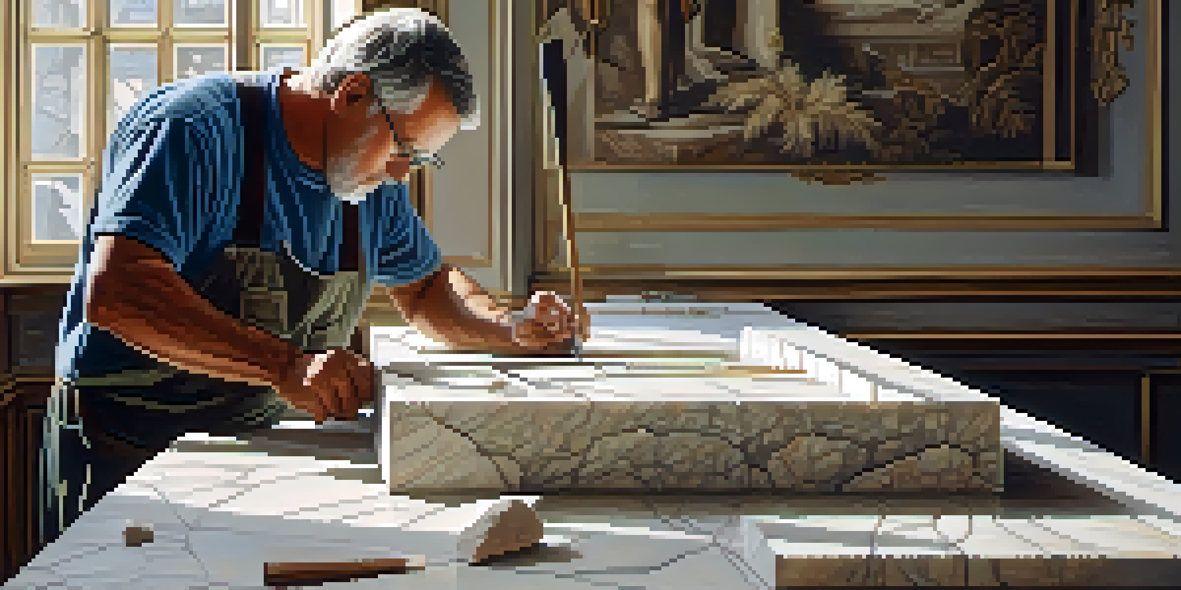 A stone carver chiseling intricate designs into marble, showcasing tools and soft natural lighting.