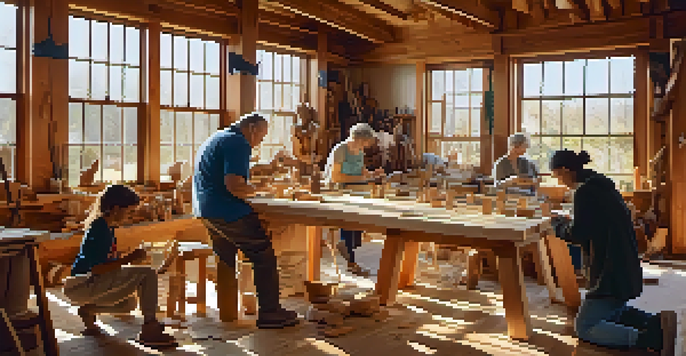 A lively workshop where people of different ages and backgrounds are carving wooden sculptures together, surrounded by tools and wood shavings in a bright and inviting space.