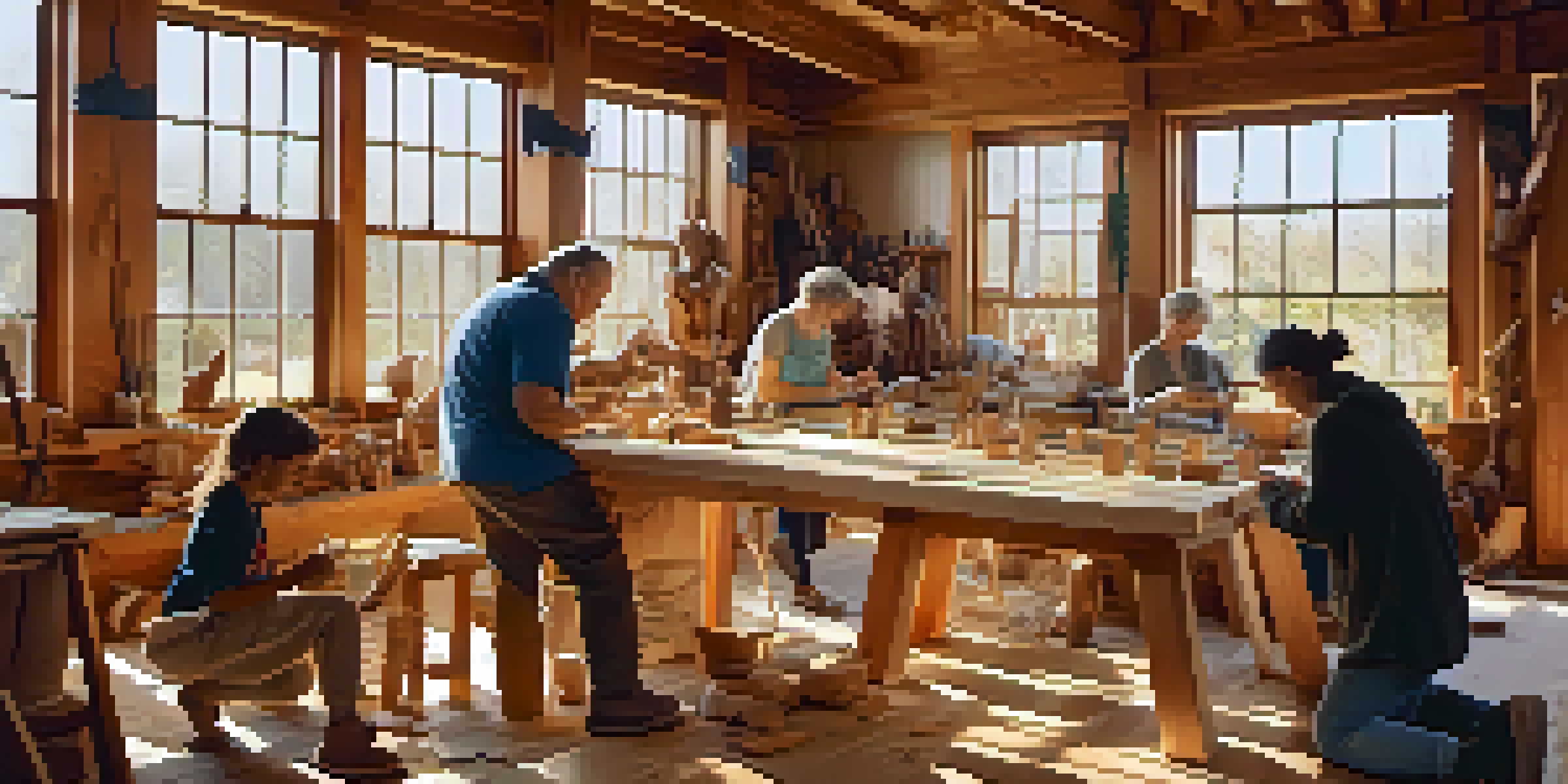 A lively workshop where people of different ages and backgrounds are carving wooden sculptures together, surrounded by tools and wood shavings in a bright and inviting space.