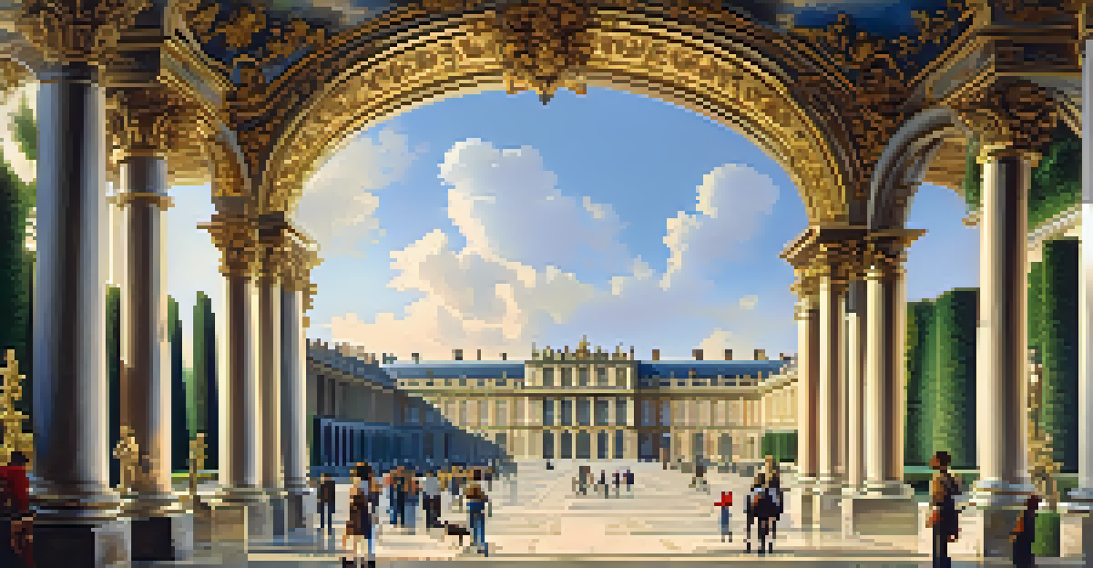 A wide view of the Palace of Versailles showcasing its grand façade and elaborate Baroque carvings, surrounded by beautifully landscaped gardens.