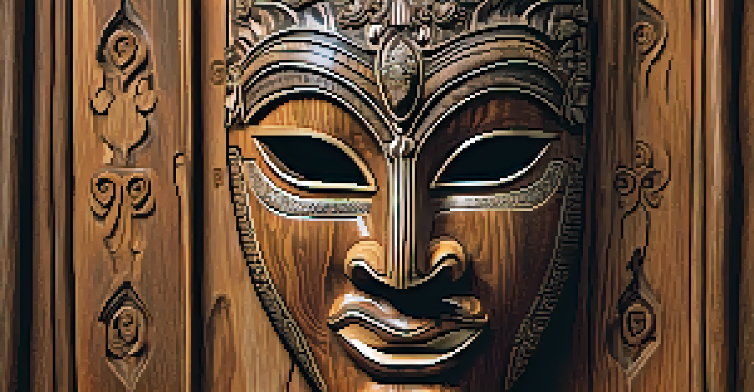 A close-up of a detailed wooden mask with intricate carvings, displayed against a rustic wooden background.