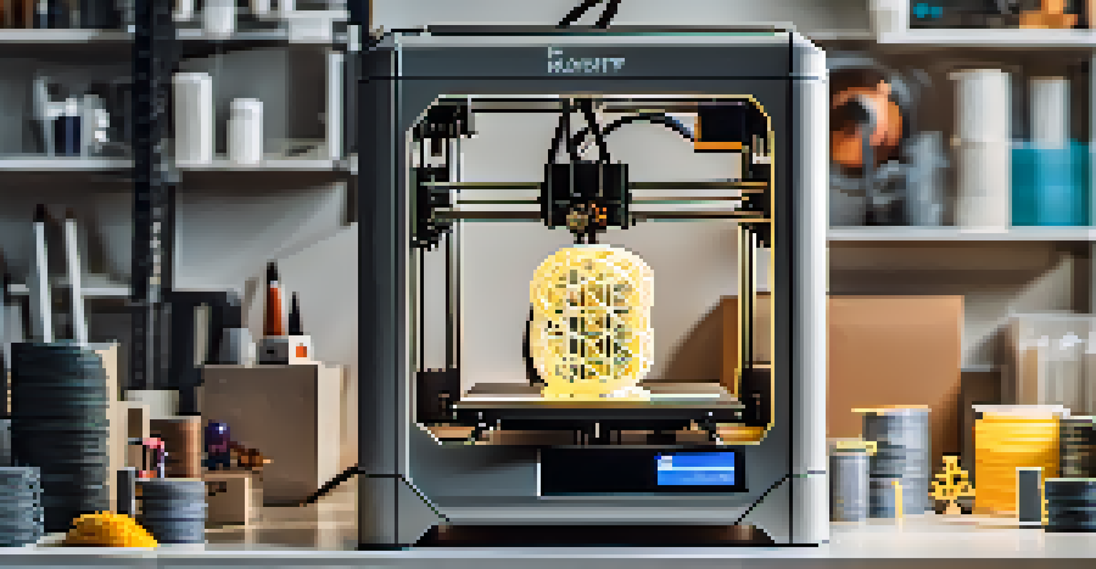 A 3D printer creating a detailed sculpture, surrounded by materials and sketches in a bright workspace.