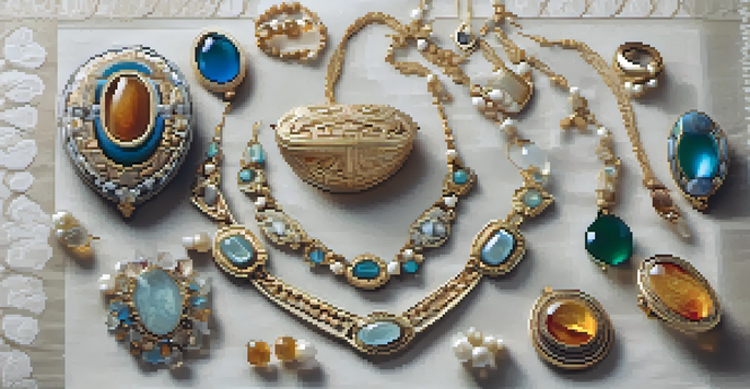 An elegant display of carved jewelry made from various materials, including wood, stone, and resin, arranged on a soft fabric background with natural lighting.