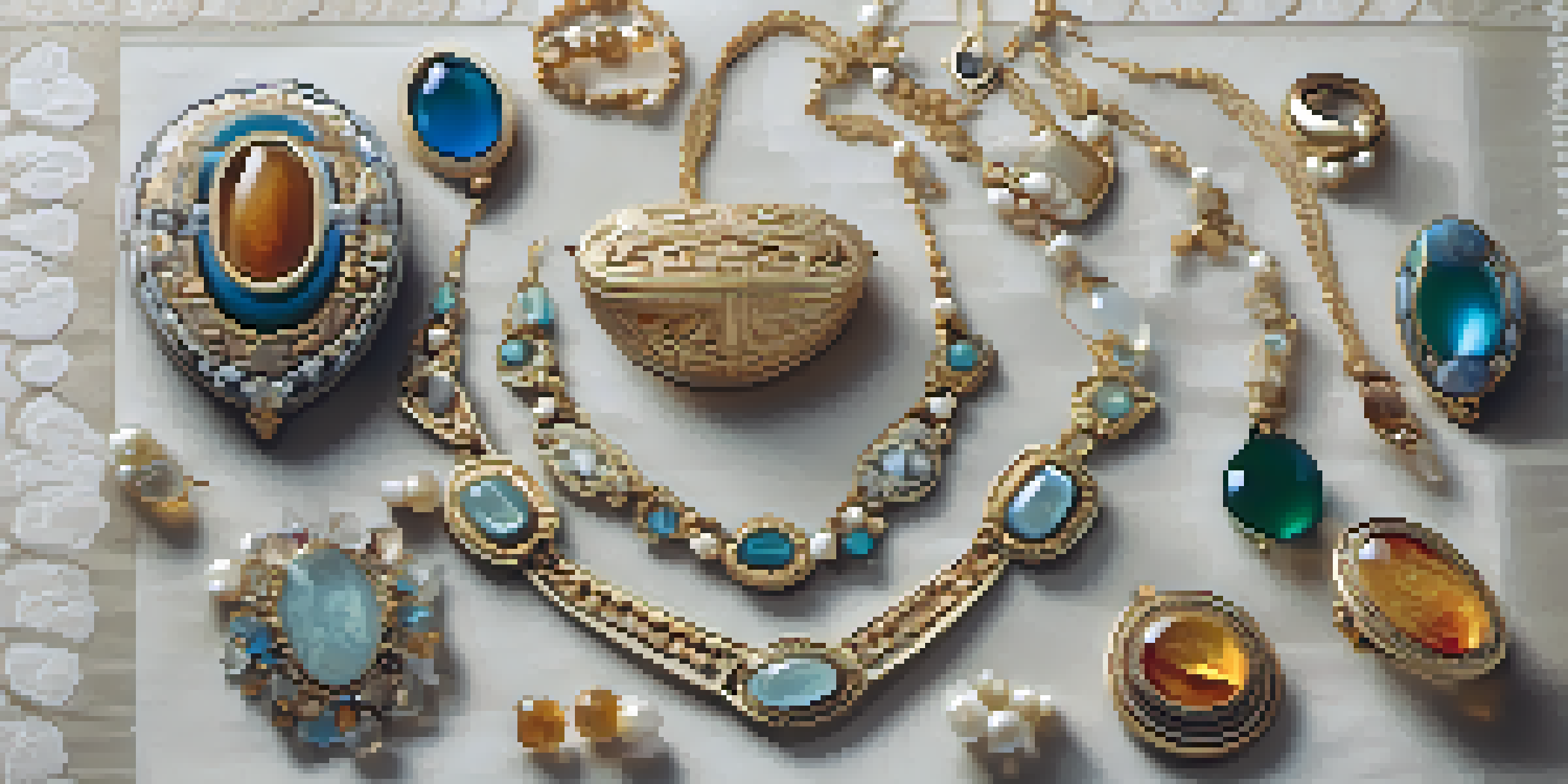 An elegant display of carved jewelry made from various materials, including wood, stone, and resin, arranged on a soft fabric background with natural lighting.