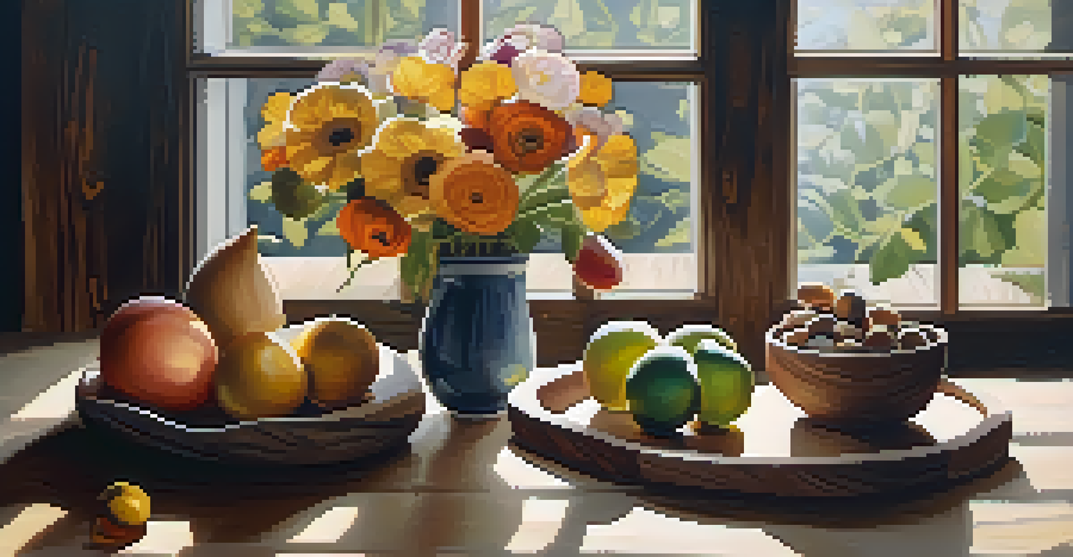An arrangement of organic shapes resembling flowers, made from wood and stone, on a rustic table.