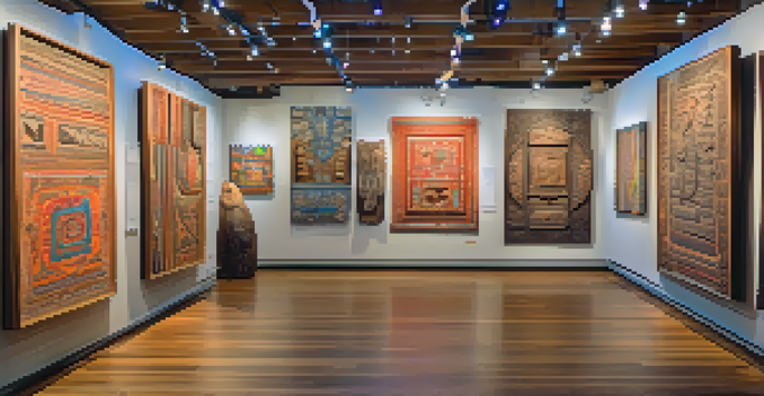 A community art exhibition with diverse experimental carvings, illuminated by soft lighting, featuring visitors interacting with the artwork.