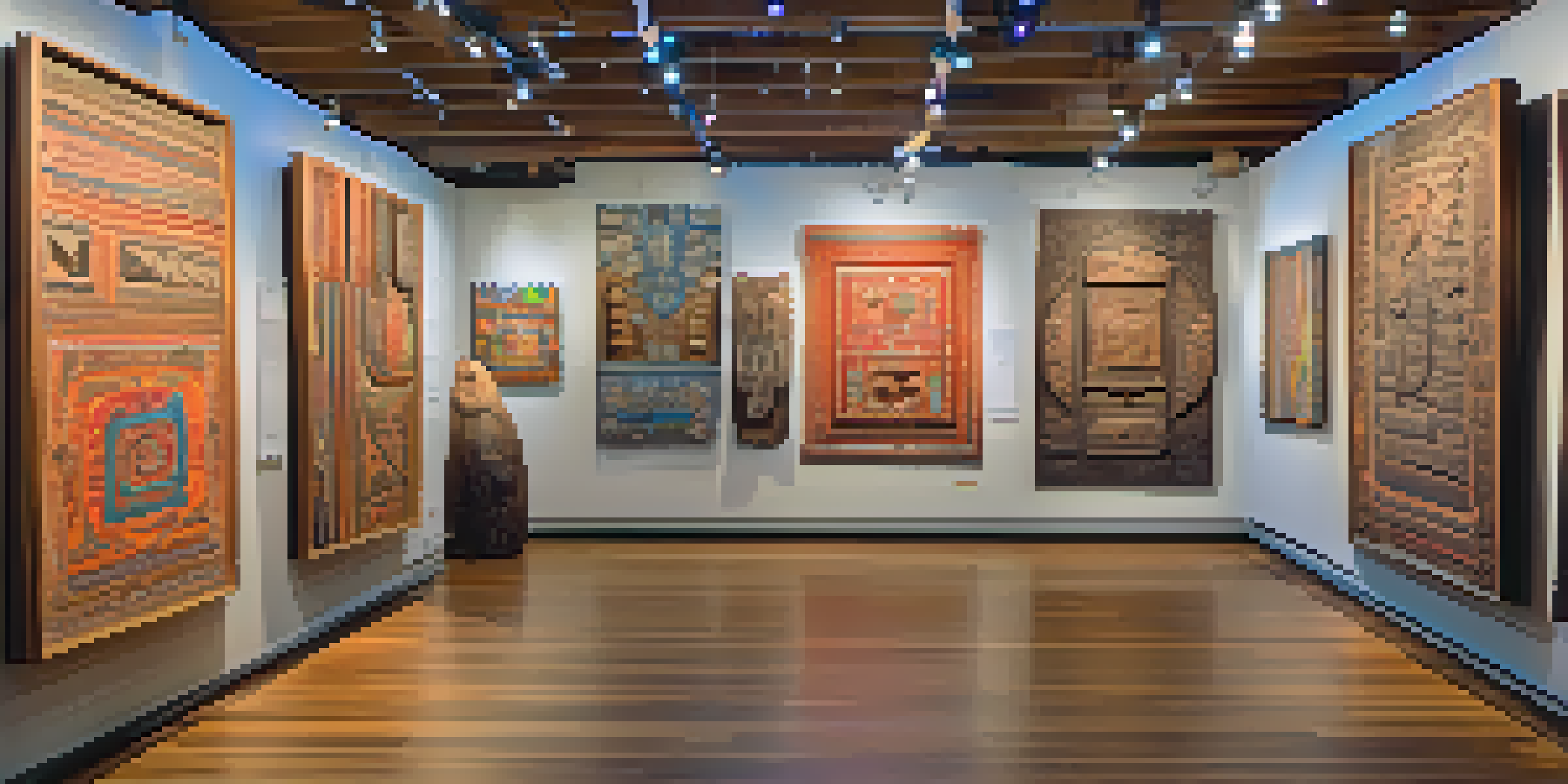 A community art exhibition with diverse experimental carvings, illuminated by soft lighting, featuring visitors interacting with the artwork.