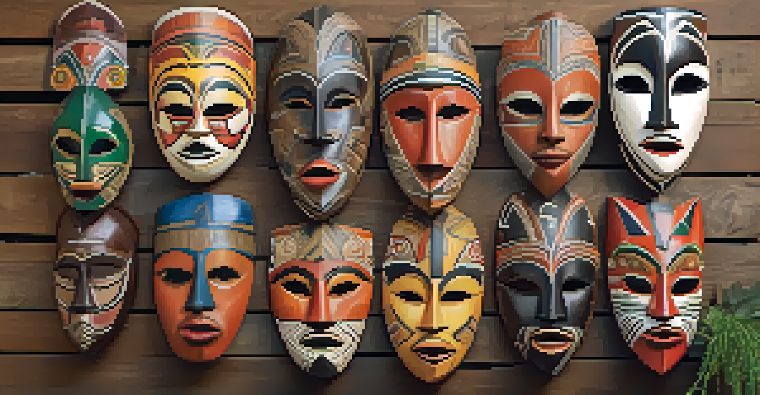 A collection of colorful African wooden masks hanging on a wall, surrounded by greenery and illuminated by natural light.